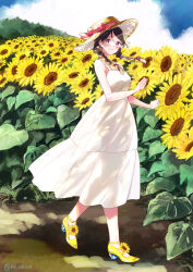 Rule 34 | 1girl, bare arms, bare shoulders, blue sky, bow, braid, breasts, brown hat, character request, cloud, cloudy sky, commentary request, day, dress, field, flower, flower field, hat, hat bow, kutsu no muku mama, long hair, looking at viewer, low twintails, miyabi akino, outdoors, red bow, shoes, sky, sleeveless, sleeveless dress, small breasts, solo, sunflower, twin braids, twintails, twitter username, white dress, yellow flower, yellow footwear