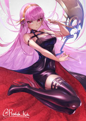 Rule 34 | 1girl, absurdres, artist name, black dress, black thighhighs, boots, breasts, cosplay, dagger, dress, earrings, gold earrings, gold hairband, gold headband, hairband, high heel boots, high heels, highres, holding, holding dagger, holding knife, holding weapon, hololive, hololive english, jewelry, knife, mori calliope, pink hair, radishkek, red eyes, reverse grip, scythe, shiny clothes, spy x family, stiletto boots, stiletto heels, thigh boots, thighhighs, two-sided dress, two-sided fabric, virtual youtuber, weapon, yor briar, yor briar (cosplay)