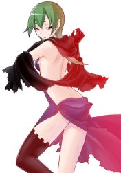 Rule 34 | 1girl, arm warmers, back, bare shoulders, black cape, black thighhighs, blue dress, breasts, caladrius, cape, choker, dress, eleanor riegl, green hair, hood, official art, red eyes, simple background, small breasts, solo, thighhighs, thighs, torn cape, torn clothes, torn dress, yasuda suzuhito