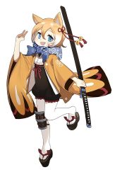 Rule 34 | 1girl, :d, animal ears, blonde hair, blue eyes, commentary request, dog ears, fang, full body, hair between eyes, holding, holding weapon, jong tu, katana, knee pads, looking at viewer, multicolored hair, open mouth, original, pantyhose, platform footwear, scarf, sheath, sheathed, short hair, simple background, smile, solo, sword, two-tone hair, v, weapon, white background, white hair, white pantyhose, wide sleeves