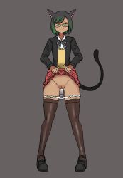 Rule 34 | 1girl, absurdres, animal ears, breasts, cat ears, cat girl, cat tail, deculture, flashing, glasses, gluteal fold, green eyes, green hair, highres, lifted by self, original, panties, presenting, pussy, pussy juice, school uniform, second-party source, short hair, skindentation, small breasts, smirk, source request, tail, tan, thighhighs, underwear