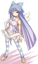 Rule 34 | 10s, 1girl, alternate costume, bare shoulders, blue eyes, blue hair, bow, colored inner hair, hair bow, hand on own hip, hip focus, jewelry, legs, lots of jewelry, matching hair/eyes, multicolored hair, one eye closed, panty &amp; stocking with garterbelt, sandals, simple background, skirt, solo, stocking (psg), striped clothes, striped thighhighs, thighhighs, wink, yumesato makura