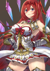 Rule 34 | 1girl, absurdres, bare shoulders, belt, blue eyes, blush, breasts, cleavage, closed mouth, detached collar, gauntlets, gloves, godsworn alexiel, granblue fantasy, hair between eyes, hair ornament, hands on own hips, highres, kent0320, large breasts, long hair, looking at viewer, pleated skirt, shards, simple background, skirt, solo, thighhighs, thighs, very long hair, white skirt