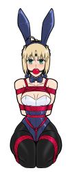 Rule 34 | 1girl,  eyes, absurdres, animal ears, arms behind back, artoria pendragon (all), artoria pendragon (fate), ball gag, bdsm, blonde hair, blush, bondage, bound, bound arms, bound legs, bow, bowtie, box tie, braid, breast bondage, breasts, cleavage, collarbone, detached collar, fake animal ears, fate/stay night, fate (series), gag, gagged, green eyes, highres, improvised gag, kneeling, leotard, looking at viewer, pantyhose, playboy bunny, rabbit ears, rope, saber (fate), wossarem