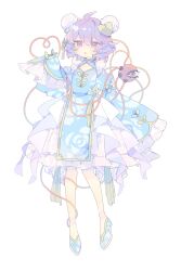 Rule 34 | 1girl, absurdres, adapted costume, ahoge, blue dress, blue footwear, bun cover, chinese clothes, dress, eyeball, frilled sleeves, frills, full body, grey background, hair between eyes, hair ornament, heart, heart hair ornament, heart of string, highres, komeiji satori, nikorashi-ka, open mouth, pink eyes, pink hair, shoes, short hair, simple background, sleeves past fingers, sleeves past wrists, solo, third eye, touhou, wide sleeves
