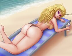 Rule 34 | 1girl, absurdres, ahoge, ass, ass focus, back, backboob, beach, beach chair, bikini, black panties, blonde hair, bra, breasts, brown panties, butt crack, feet out of frame, from above, from behind, full body, highres, large breasts, legs, long hair, looking at viewer, looking back, lotion, lying, no shoes, no socks, on stomach, panties, purple eyes, rwby, saf-404, sideboob, smile, solo, suggestive, sunscreen, swimsuit, thighs, underwear, yang xiao long, yellow bra