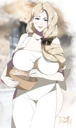Rule 34 | 1girl, apron, baking, blonde hair, blue eyes, blurry, blurry background, blush, bow, breasts, cleavage, cooking, fire emblem, fire emblem: three houses, hair bow, hair ribbon, highres, holding, holding spoon, large breasts, light smile, lipstick, long hair, looking at viewer, makeup, mature female, mercedes von martritz, mixing bowl, naked apron, nintendo, pale skin, ponytail, r3dfive, ribbon, smile, spoon, standing, thick thighs, thighs, white apron