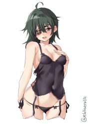 Rule 34 | 1girl, ahoge, artist name, black panties, blush, breasts, bustier, cleavage, commentary request, covered navel, cowboy shot, cropped legs, ebifurya, eyepatch, garter straps, green eyes, green hair, hair between eyes, hand on own chest, highres, kantai collection, kiso (kancolle), lingerie, one-hour drawing challenge, open mouth, panties, short hair, side-tie panties, simple background, small breasts, solo, string panties, thighhighs, underwear, underwear only, white background