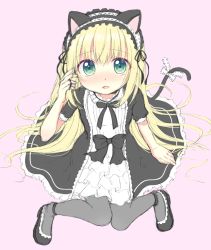 Rule 34 | 1girl, animal ears, arm up, black dress, black footwear, black ribbon, blonde hair, blush, bow, cat ears, cat girl, cat tail, dress, fingernails, frilled hairband, frills, gothic lolita, green eyes, grey pantyhose, hair between eyes, hairband, hand in own hair, lolita fashion, long hair, looking at viewer, maid, nose blush, original, pantyhose, parted lips, pink background, puffy short sleeves, puffy sleeves, ribbon, riria (happy strawberry), shoes, short sleeves, simple background, solo, tail, tail bow, tail ornament, very long hair, white bow