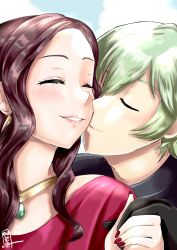 Rule 34 | 1boy, 1girl, absurdres, armor, black gloves, brown hair, byleth (fire emblem), byleth (male) (fire emblem), closed eyes, cloud, cloudy sky, couple, dorothea arnault, dress, earrings, fire emblem, fire emblem: three houses, gloves, green eyes, green hair, grin, hetero, highres, holding, holding hands, jewelry, kagura oni, kiss, kissing cheek, long hair, nail polish, necklace, nintendo, paper, red dress, sky, smile