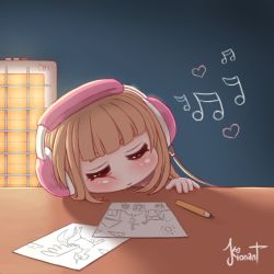 Rule 34 | 1girl, artist name, blunt bangs, blush, brown hair, child, closed eyes, closed mouth, drawing (object), face, female focus, headphones, heart, heater, kionant, long hair, musical note, original, paper, pencil, signature, sleeping, solo, table