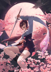 Rule 34 | 1girl, boots, bow, brown eyes, brown hair, cherry blossoms, cloud, full moon, highres, holding, holding sword, holding weapon, japanese clothes, long hair, looking at viewer, midair, moon, naxile, night, open mouth, original, outdoors, pleated skirt, sash, shirt, skirt, solo, sword, weapon, white shirt