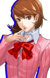Rule 34 | 1girl, bow, bowtie, brown eyes, brown hair, cardigan, choker, closed mouth, collared shirt, earrings, finger to mouth, gekkoukan high school uniform, glint, hair between eyes, hand up, heart, heart choker, highres, jewelry, lips, long sleeves, looking at viewer, loose bowtie, persona, persona 3, pertex 777, pink cardigan, pink lips, red bow, red bowtie, ribbed cardigan, school uniform, shirt, short hair, solo, stud earrings, swept bangs, takeba yukari, upper body, white background, white choker, white shirt