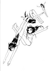 Rule 34 | 1girl, afterimage, barefoot, dive, feet, greyscale, jumping, kazuki ren, long hair, monochrome, one-piece swimsuit, original, outstretched arms, school swimsuit, solo, spread arms, swimsuit