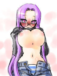 Rule 34 | 1girl, blush, breasts, cleavage, clothes lift, denim, fate/stay night, fate (series), glasses, huge breasts, jeans, kogaku kazuya, long hair, medusa (fate), medusa (rider) (fate), mouth hold, navel, nipples, official alternate costume, open fly, panties, pants, purple eyes, purple hair, shirt lift, sketch, solo, square pupils, striped clothes, striped panties, sweater, translucent hair, tsurime, underwear, unzipped, very long hair