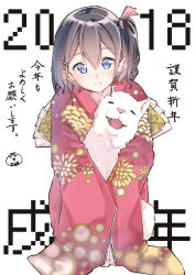 Rule 34 | 1girl, 2018, akeome, black hair, blue eyes, blush, chinese zodiac, closed mouth, commentary request, dog, floral print, hair between eyes, hair ornament, hairclip, happy new year, japanese clothes, kimono, kneeling, long sleeves, looking at viewer, new year, one side up, original, short hair, signature, sleeves past wrists, smile, solo, suzunari shizuku, white background, wide sleeves, year of the dog, yuki arare