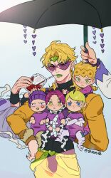 Rule 34 | 6+boys, absurdres, aged down, animal print, baby carry, black leotard, black nails, blonde hair, blood, blood bag, blue eyes, braid, brothers, carrying, closed mouth, cow print, cream (stand), dio brando, donatello versus, drinking blood, drinking straw, earrings, father and son, giorno giovanna, green eyes, green lips, hat, heart, highres, holding, holding umbrella, honlo, jacket, jewelry, jojo no kimyou na bouken, leotard, long hair, long sleeves, looking at viewer, male focus, multiple boys, muscular, pants, parasol, rikiel, short hair, siblings, simple background, sunglasses, terence t. d&#039;arby, umbrella, ungaro, vampire, vanilla ice, yellow eyes, yellow jacket, yellow pants