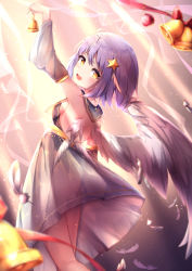 Rule 34 | 1girl, ahoge, angel wings, arm up, asymmetrical clothes, bare shoulders, bell, breasts, chinese commentary, christmas, clothes lift, detached sleeves, dress, dress lift, feathered wings, feathers, hair between eyes, hair ornament, hand up, highres, jingle bell, light particles, looking back, open mouth, original, purple hair, short hair, sideboob, solo, star (symbol), star hair ornament, strapless, strapless dress, umou (may65879), wings, yellow eyes