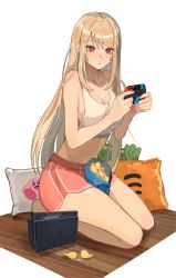 Rule 34 | 1girl, absurdres, bag of chips, bare shoulders, blonde hair, breast press, breasts, carrot-shaped pillow, casual, chips (food), commentary request, food, hair between eyes, hands up, highres, jintianhuahualema, kirby, kirby (series), long hair, nail polish, nintendo, nintendo switch, open mouth, pillow, pink nails, red eyes, sakura-sou no pet na kanojo, seiza, shiina mashiro, shirt, shorts, simple background, sitting, solo, tank top, white background, white shirt, wooden floor
