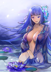 Rule 34 | 1girl, blue eyes, blue hair, breasts, collarbone, curvy, dress, female focus, flower, groin, hair ornament, jing mian tu, large breasts, lily pad, long hair, matching hair/eyes, no bra, no panties, open clothes, original, parted lips, partially submerged, see-through, solo, standing, very long hair, wading, water, wet, wet clothes, yamai chuu