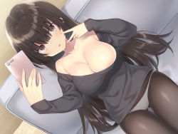 Rule 34 | 1girl, :o, bare shoulders, black shirt, blush, breasts, brown eyes, brown hair, carpet, cellphone, cleavage, collarbone, couch, fingernails, gluteal fold, hair between eyes, hands up, highres, holding, holding phone, indoors, kokusan moyashi, large breasts, long fingernails, long hair, long sleeves, looking at viewer, no pants, non-web source, on couch, open mouth, original, panties, panties under pantyhose, pantyhose, phone, selfie, shiny skin, shirt, sidelocks, sitting, skindentation, smartphone, solo, taking picture, underwear, v, white panties, wooden floor