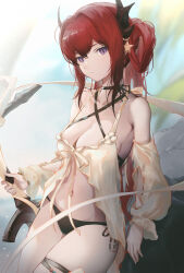 Rule 34 | 1girl, against rock, arknights, artist name, bare shoulders, bikini, black bikini, breasts, cleavage, cowboy shot, criss-cross halter, detached sleeves, hair rings, halterneck, highres, holding, holding sword, holding weapon, horns, large breasts, long hair, long sleeves, looking at viewer, masai no senshi, navel, official alternate costume, purple eyes, red hair, solo, star (symbol), surtr (arknights), surtr (colorful wonderland) (arknights), swimsuit, sword, thigh strap, very long hair, weapon