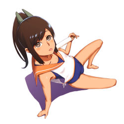 Rule 34 | 10s, 1girl, bare shoulders, barefoot, blush, brown hair, food, foreshortening, from above, full body, i-401 (kancolle), kaburagi yuki, kantai collection, one-piece swimsuit, ponytail, popsicle, sailor collar, school swimsuit, simple background, solo, swimsuit, swimsuit under clothes, tongue, tongue out, white background
