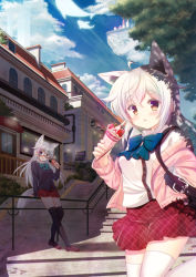 Rule 34 | 2girls, :d, :o, against railing, ahoge, animal ears, arm support, bag, black legwear, blazer, blue bow, blush, bow, bowtie, brown eyes, brown footwear, building, cardigan, cat ears, cat tail, city, cloud, crepe, day, eyebrows, fantasy, floating island, flying whale, food, fruit, glasses, highres, holding, holding food, jacket, leaning back, loafers, long hair, long sleeves, looking at viewer, menu board, misaki yuu, multiple girls, necktie, open cardigan, open clothes, open mouth, original, outdoors, pleated skirt, railing, red-framed eyewear, red skirt, school uniform, semi-rimless eyewear, shade, shoes, shoulder bag, silver hair, skirt, sky, sleeves past wrists, smile, stairs, standing, storefront, strawberry, sunlight, sweater, tail, thighhighs, tree, under-rim eyewear, whale, white legwear, zettai ryouiki