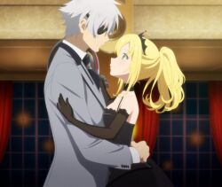 1boy 1girl alternate_costume arifureta_shokugyou_de_sekai_saikyou arm_around_waist blonde_hair breast_press breasts dancing dress eyepatch formal gloves green_eyes height_difference highres hug liliana_heiligh long_hair looking_at_another nagumo_hajime ponytail short_hair small_breasts stitched third-party_edit white_hair