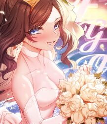 1girl bare_shoulders blue_eyes blush bouquet breasts brown_hair dress elbow_gloves fate/grand_order fate_(series) flower forehead gloves highres leonardo_da_vinci_(fate) leonardo_da_vinci_(fate/grand_order) leonardo_da_vinci_(rider)_(fate) long_hair looking_at_viewer m-da_s-tarou medium_breasts open_mouth parted_bangs smile solo tiara white_dress white_gloves