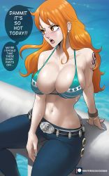 Rule 34 | 1girl, absurdres, arm tattoo, bare arms, bare shoulders, belt, bikini, bikini top only, blue nails, blue pants, bracelet, breasts, cleavage, commentary, denim, earrings, echo saber, english text, female focus, highres, jeans, jewelry, large breasts, long hair, nail polish, nami (one piece), navel, one piece, open mouth, orange eyes, orange hair, pants, patreon logo, patreon username, sitting, solo, speech bubble, stomach, striped bikini, striped clothes, swimsuit, tattoo, thighs, very long hair, water, watermark, web address