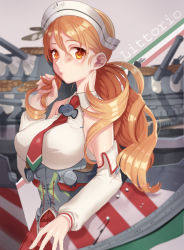 Rule 34 | 10s, 1girl, bare shoulders, breasts, brown eyes, brown hair, cannon, character name, detached sleeves, etsuo, female focus, hair ornament, hand in own hair, kantai collection, large breasts, littorio (kancolle), long hair, machinery, mecha musume, necktie, ponytail, red skirt, shirt, skirt, sleeveless, sleeveless shirt, solo, turret, upper body, wavy hair
