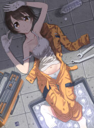 Rule 34 | 1girl, absurdres, arms up, artist logo, barefoot, bottle, bow, bow panties, brown eyes, brown hair, camisole, closed mouth, commentary, dirty, dirty clothes, foot up, from above, girls und panzer, gloves, highres, jumpsuit, jumpsuit pull, kainushi, long sleeves, looking at viewer, lying, mechanic, midriff, nakajima (girls und panzer), navel, on back, orange jumpsuit, panties, shirt, short hair, smile, soaking feet, solo, strap slip, sweat, toes, toolbox, underwear, uniform, unzipped, water bottle, white camisole, white gloves, white panties, white shirt, wrench