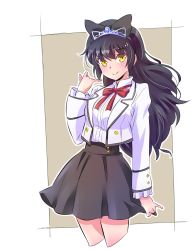 Rule 34 | 1girl, black hair, black ribbon, blake belladonna, bow, bowtie, cowboy shot, crossover, hair bow, highres, iesupa, long hair, red bow, red bowtie, red ribbon, ribbon, rwby, school uniform, shirt tucked in, simple background, skirt, solo, striped bow, striped bowtie, striped clothes, tiara, yellow eyes