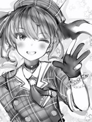 Rule 34 | 1girl, bad id, bad pixiv id, blush, bracelet, buttons, choker, double-breasted, fingerless gloves, fingernails, gloves, greyscale, hand up, hat, highres, hololive, hoshimachi suisei, hoshimachi suisei (1st costume), jewelry, looking at viewer, medium hair, monochrome, nail polish, nanashi (nlo), one eye closed, partially fingerless gloves, shirt, smile, solo, symbol in eye, upper body, virtual youtuber