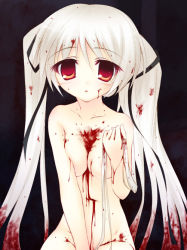 Rule 34 | 1girl, blood, blood on face, breasts, censored, cleavage, convenient censoring, long hair, nude, original, red eyes, small breasts, solo, white hair, yuku (kiollion)