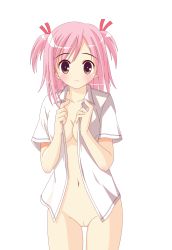 Rule 34 | absurdres, blush, breasts, highres, mahou sensei negima!, no panties, pink hair, pussy, sasaki makie, shirt, short twintails, simple background, twintails, uncensored, vector trace, white background