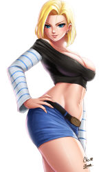 Rule 34 | 1girl, android 18, belt, blonde hair, blue eyes, breasts, cleavage, crop top, dragon ball, dragonball z, earrings, hand on own hip, highres, jewelry, large breasts, looking at viewer, midriff, navel, newash, parted lips, short hair, skirt, smile, solo, standing