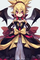 Rule 34 | 1girl, blonde hair, bow, breasts, bright pupils, cleavage, demon wings, detached sleeves, disgaea, dress, earrings, hungry clicker, jewelry, makai senki disgaea 2, pointy ears, red eyes, rozalin, solo, white pupils, wings