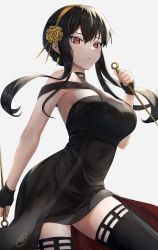 Rule 34 | 1girl, amano kusatsu, artist logo, black dress, black gloves, black thighhighs, breasts, closed mouth, contrapposto, cowboy shot, dagger, dress, dual wielding, earrings, expressionless, fingerless gloves, floral print, flower, gloves, gold, gold earrings, gold hairband, hair flower, hair ornament, hairband, hand up, highres, holding, holding dagger, holding knife, holding weapon, jewelry, knife, large breasts, long hair, red eyes, rose, rose print, sidelocks, simple background, sleeveless, sleeveless dress, solo, spikes, spy x family, thighhighs, two-sided dress, two-sided fabric, weapon, yor briar, zettai ryouiki