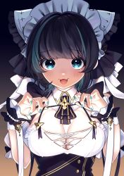 Rule 34 | 1girl, :3, absurdres, animal ears, azur lane, black hair, blue eyes, blue hair, blue nails, blush, breasts, cheshire (azur lane), fang, gradient background, highres, large breasts, looking at viewer, maid, maid headdress, multicolored hair, nail polish, no bra, open mouth, smile, solo, strap lift, streaked hair, upper body, uu3cm, wrist cuffs