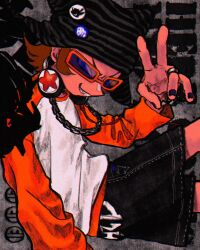 Rule 34 | 1boy, amenoichi, badge, beanie, black hat, black shorts, blue eyes, blue nails, button badge, chain, chain necklace, denim, denim shorts, grey background, grin, hat, hatena (pop&#039;n music), headphones, headphones around neck, highres, jewelry, long sleeves, looking at viewer, mzd, necklace, pop&#039;n music, raglan sleeves, red-framed eyewear, shorts, silver ring, smile, solo, v