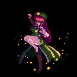 Rule 34 | 1girl, animated, black background, blue eyes, bouncing breasts, breasts, green hat, hat, hong meiling, long hair, medium breasts, pixel art, red hair, shirokuro (oyaji), solo, standing, standing on one leg, tagme, touhou, video