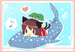 Rule 34 | 1girl, animal ears, blush stickers, brown hair, cat ears, cat tail, chen, earrings, fish, hat, jewelry, multiple tails, musical note, nagamo sakana, nekomata, short hair, tail, touhou, two tails