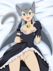 Rule 34 | 1girl, animal ears, bell, blush, breasts, cat ears, cat tail, cathy (yu-gi-oh!), cleft of venus, clothes lift, fang, fat mons, green eyes, grey hair, highres, large breasts, long hair, no panties, open mouth, pussy, skirt, skirt lift, solo, tail, takappe, uncensored, yu-gi-oh!, yuu-gi-ou, yuu-gi-ou zexal