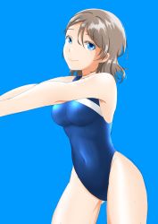 Rule 34 | 1girl, absurdres, blue background, blue eyes, blue one-piece swimsuit, brown eyes, competition swimsuit, covered navel, cowboy shot, highleg, highleg swimsuit, highres, love live!, love live! sunshine!!, one-piece swimsuit, piruchi, short hair, smile, solo, standing, swimsuit, watanabe you