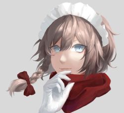 Rule 34 | 1girl, bad id, bad pixiv id, blue eyes, bow, braid, commentary request, eit (ikeuchi), gloves, grey background, hair between eyes, hair bow, hand up, highres, izayoi sakuya, looking at viewer, maid, maid headdress, parted lips, partial commentary, perfect cherry blossom, portrait, red bow, red scarf, scarf, short hair, silver hair, simple background, single braid, smile, solo, touhou, white gloves