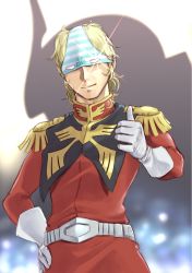Rule 34 | 1boy, blonde hair, char aznable, gloves, gundam, hand on own hip, highres, looking at viewer, military, military uniform, mobile suit gundam, object on head, panties, panties on head, smile, sparkle, striped clothes, striped panties, thumbs up, underwear, uniform, wa (genryusui)