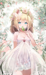 Rule 34 | 1girl, absurdres, arm behind back, backlighting, blonde hair, blush, collarbone, commentary, covering own mouth, cowboy shot, cross-shaped pupils, dress, elf, english commentary, eunip, fairy, flower, framed, green eyes, hair flower, hair ornament, halterneck, highres, holding, holding leaf, leaf, looking at viewer, medium hair, original, pink flower, pink rose, plant, plant on head, pointy ears, red flower, red rose, rose, see-through, see-through dress, see-through sleeves, short sleeves, sidelocks, solo, standing, symbol-shaped pupils, white background, white dress