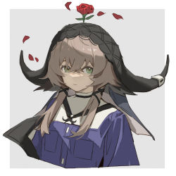 Rule 34 | 1girl, animal ears, arknights, border, closed mouth, cow ears, cow horns, cropped torso, eyebrows hidden by hair, flower, grey background, hair between eyes, highres, horns, looking at viewer, pallas (arknights), petals, pingdiguo, purple shirt, red flower, red rose, rose, rose petals, shirt, short hair with long locks, sidelocks, simple background, solo, upper body, veil, white border